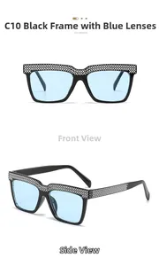 Makro-Detail der quadratischen Sonnenbrille C10 mit Kristallen und blauen Gläsern für Damen