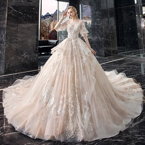 Deep V-neck champagne wedding dress with floral embroidery and long lace train