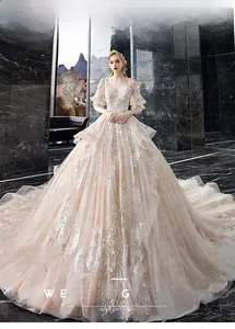 Detail of luxury champagne wedding dress featuring deep V-neck and delicate lace appliques