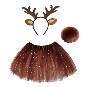 Three-piece reindeer costume set with antler headband and starry sequin tutu skirt