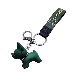 French Bulldog keychain in dark green silicone with gold studded collar and leather strap
