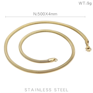 Detailed view of golden stainless steel flat snake chain with size and weight info