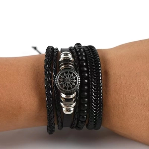 Men's multilayer black leather braided bracelet set with vintage sun motif charm