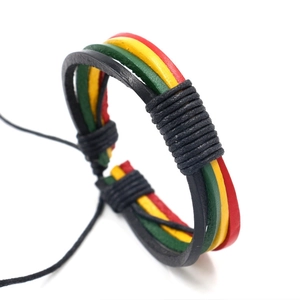 Braided Cowhide Leather Bracelet Rasta Reggae Style Multi-layer Red Yellow Green Adjustable Handmade Ethnic Jewelry
