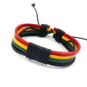 Jamaica reggae style braided leather bracelet with red yellow green multi-layer cords
