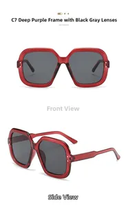 Front and side view of C7 deep purple square sunglasses with dark grey lenses