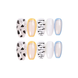 Cow print and colorful French tip press-on coffin nails set in a 10-piece display