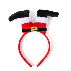 Detail of Christmas headband with upside-down Santa legs design and golden sequin belt buckle