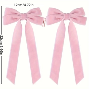 Pink velvet double bow hair clips for women with long ribbons measuring 12cm by 22cm