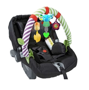 Detail of baby stroller arch with hanging ocean animal toys and flower mirror