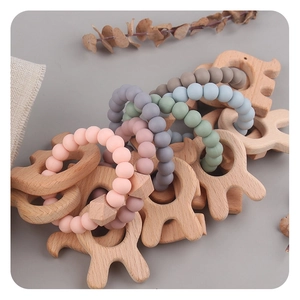 DIY elephant and rabbit wooden teether rings with colorful silicone beads for babies