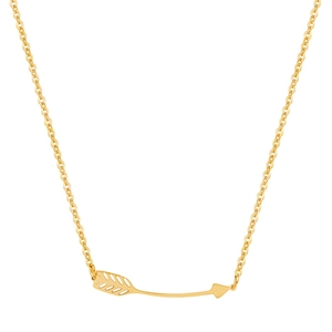 Detail of 18K gold plated stainless steel arrow pendant with delicate minimalist link chain