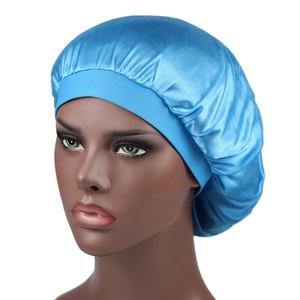 Detail of the sky blue silky satin bonnet featuring a wide elastic band on a mannequin