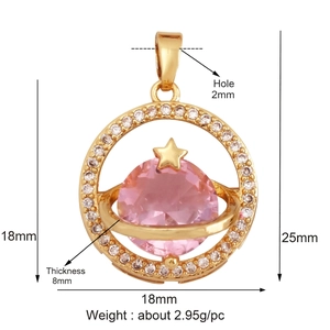 Detailed size specifications of the gold planet pendant with a pink zircon and stars