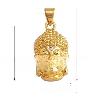Detail of Thai Buddha head pendant showing precise dimensions and micro-pave gold plating