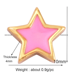 Detail of 10mm pink enamel star charm with gold trim showing thickness and weight specs