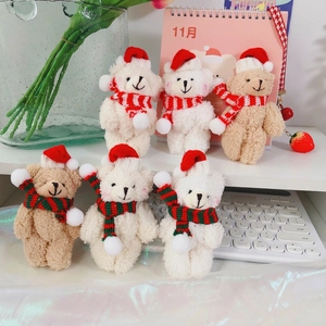 Set of 6 cute plush Christmas bears with hats and scarves for festive bag charms and gifts