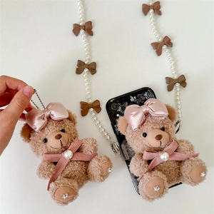 Cute teddy bear plush phone case accessory with pearl strap and bow decoration