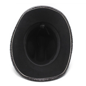 Detail view of the fedora hat interior showing the 65% cotton fabric label and stitching