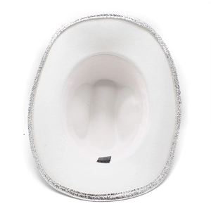 Close-up of white cowboy hat interior showing polyester cotton blend material and wash label
