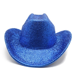 Detail of bright blue cowboy hat featuring a sparkling sequin finish for party wear