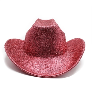 Detailed view of pink glitter texture and curved brim of the western cowboy party hat