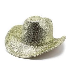 Close-up detail of champagne gold metallic wire woven texture on a western cowboy hat