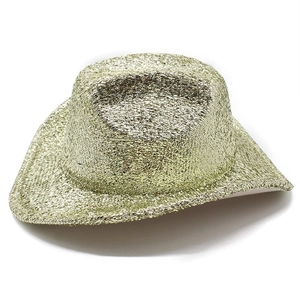 Macro shot of gold sequin western cowboy hat with sparkling glitter texture detail