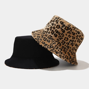 Double-sided leopard print and solid black wool bucket hat for women winter outdoor