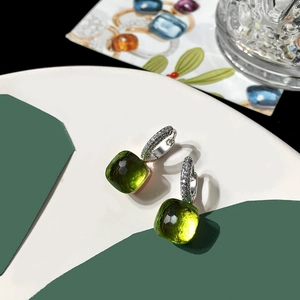 Elegant emerald green square crystal earrings with S925 silver micro-paved rhinestones