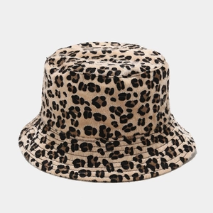 Detailed view of the soft faux fur texture and classic leopard print on the bucket hat