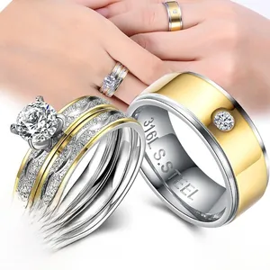 Macro shot of 316L stainless steel couple rings set with crystal diamond detail