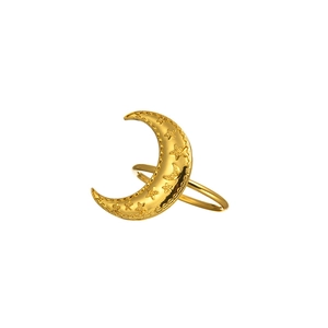 Golden moon and star napkin ring with glossy metallic finish on a white background