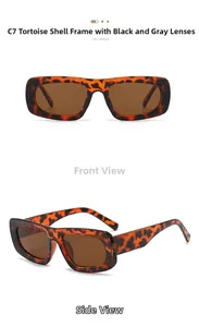 Détail macro de lunettes de soleil carrées en écaille avec verres gris et branches larges