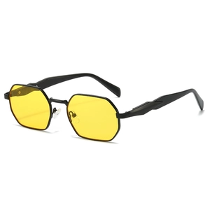 Retro polygonal metal sunglasses with yellow lenses and black designer frame for street style