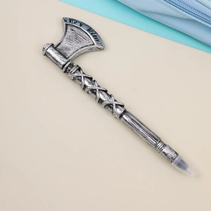Creative battle axe shaped ballpoint pen in antique silver finish on a clean background