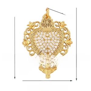 Detail showing dimensions and intricate vine engraving on gold-plated heart pendant