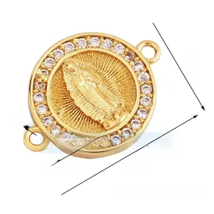 Detail of 14mm gold plated Virgin Mary connector with zircon border for DIY jewelry