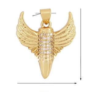 Detailed size chart of gold eagle wing pendant with zircon pave-set stones