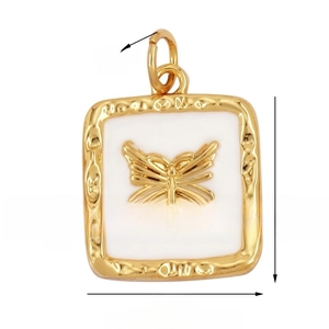 Square butterfly pendant detail with white enamel and 14mm dimensions in gold finish