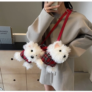 Detail of dual white plush dogs shoulder bag with red plaid outfits and strap