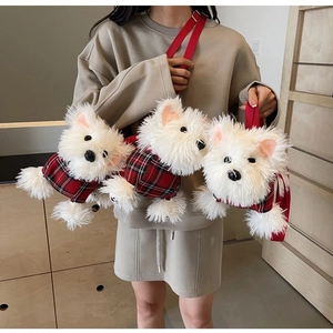 Three plush white dog crossbody bags with red checkered details shown in a group setting