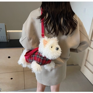 Cute white plush puppy shoulder bag with red plaid outfit worn by a model in a room