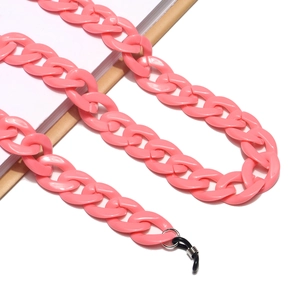 Detailed view of pink acrylic flat-link glasses chain with anti-slip silicone loops