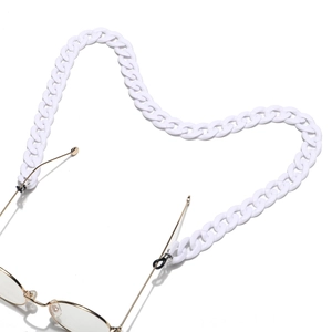 Detailed view of white acrylic eyeglass chain with gold metal clips and rubber loops