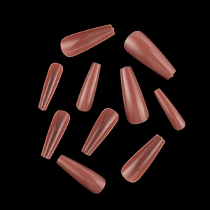 Detail view of long coffin press on nails in deep nude brown with size numbers