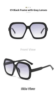 Front and side views of chunky black square sunglasses with silver stud accents