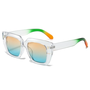 Oversized square sunglasses with transparent frame and orange to blue gradient lenses