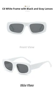 Vues de face et de côté de lunettes de soleil rectangulaires blanches à verres gris