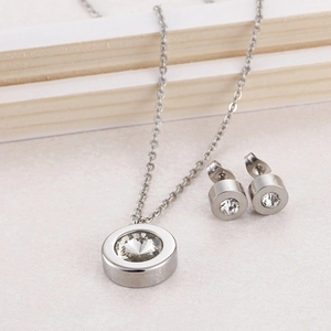 Titanium steel round solitaire crystal necklace and stud earrings jewelry set